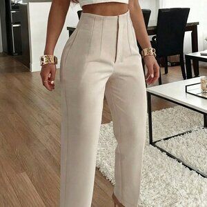 Apricot Casual Women's Elegant Office Pleated Side Pocket Slim-Fit Pants